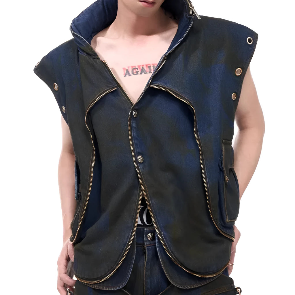 Blue hooded denim vest coat with matching trousers mens Korean style casual set