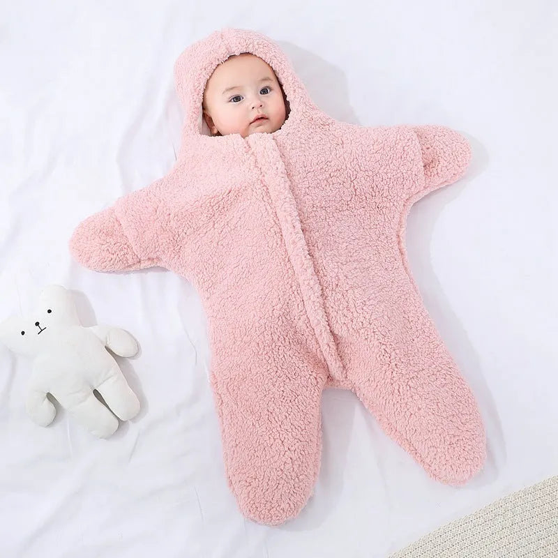 Lambskin velvet baby sleeping bag with hood and zipper in pink colour for newborn winter travel