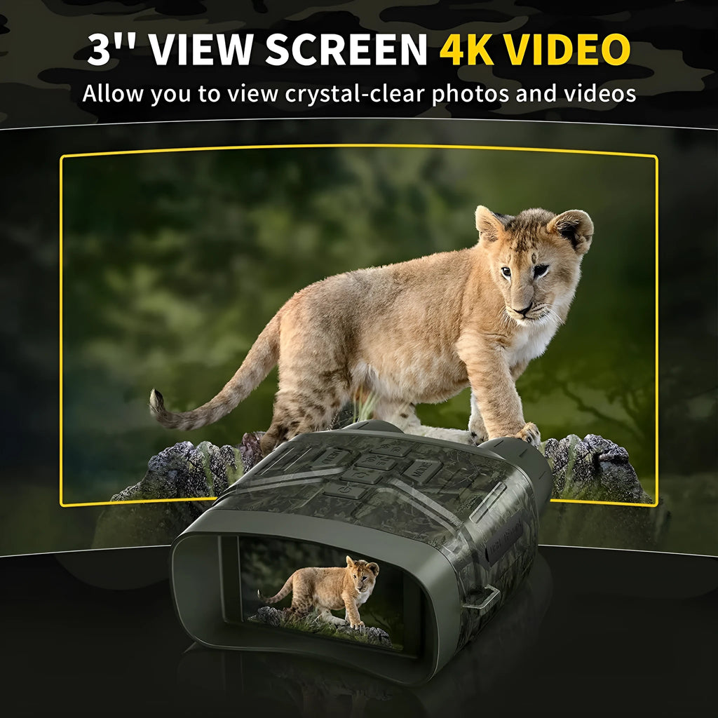 Black 4K night vision instrument with LCD screen showing a night vision image, placed on a textured surface.