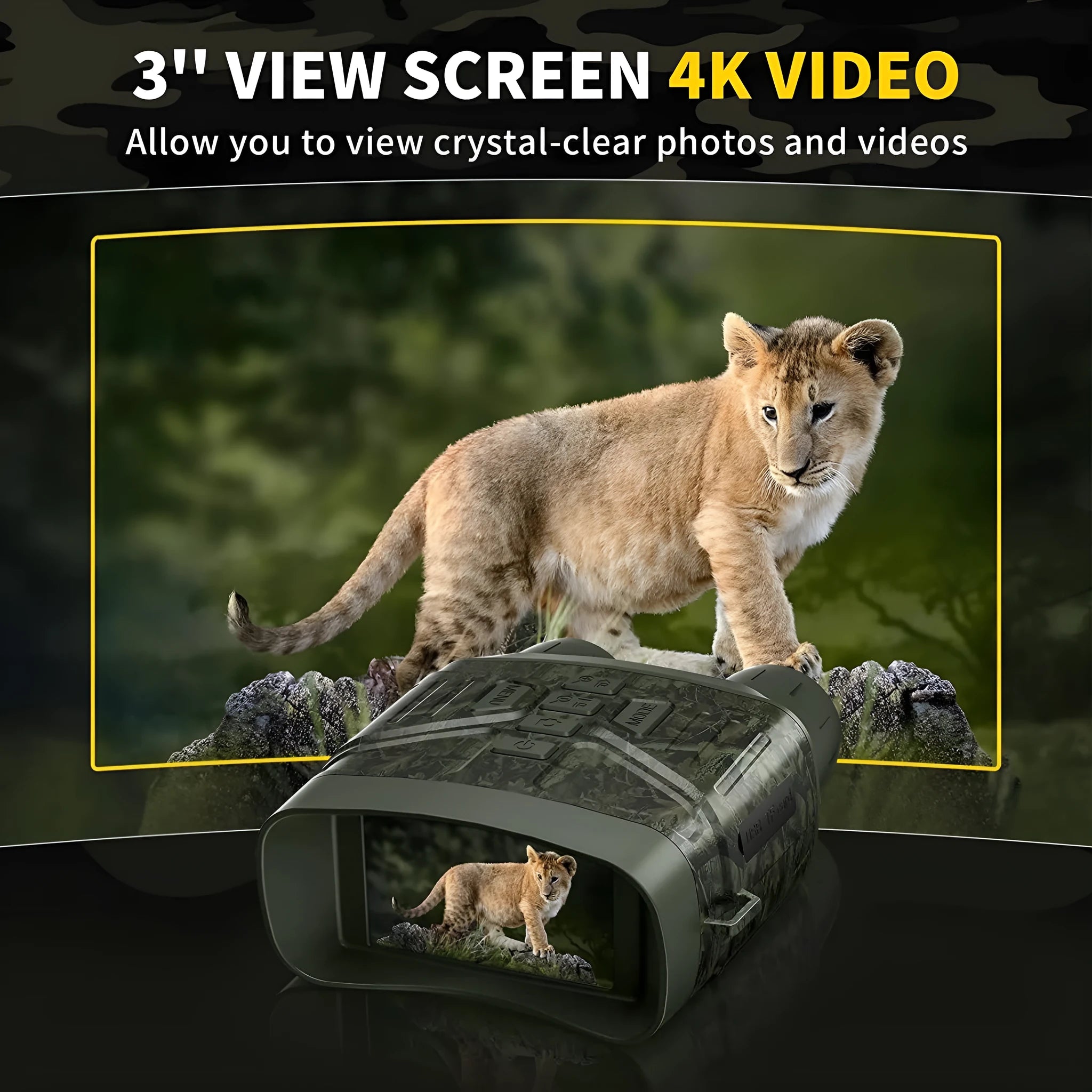 Black 4K night vision instrument with LCD screen showing a night vision image, placed on a textured surface.