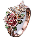 Adjustable butterfly personality ring with colourful oil drip treatment and floral motifs on alloy metal