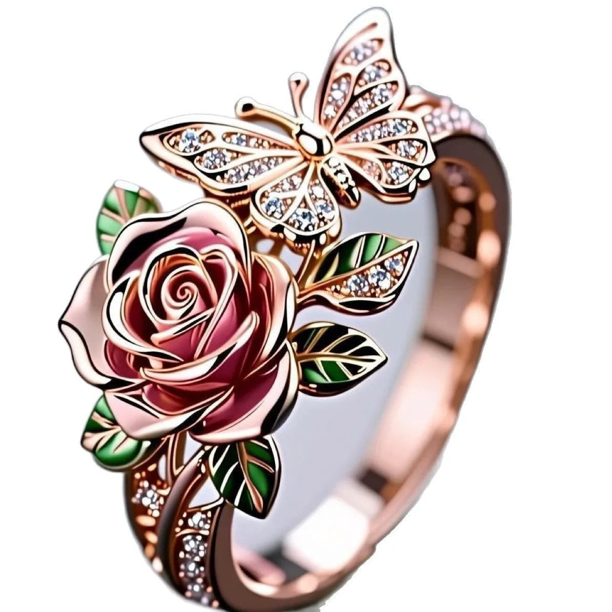 Adjustable butterfly personality ring with colourful oil drip treatment and floral motifs on alloy metal