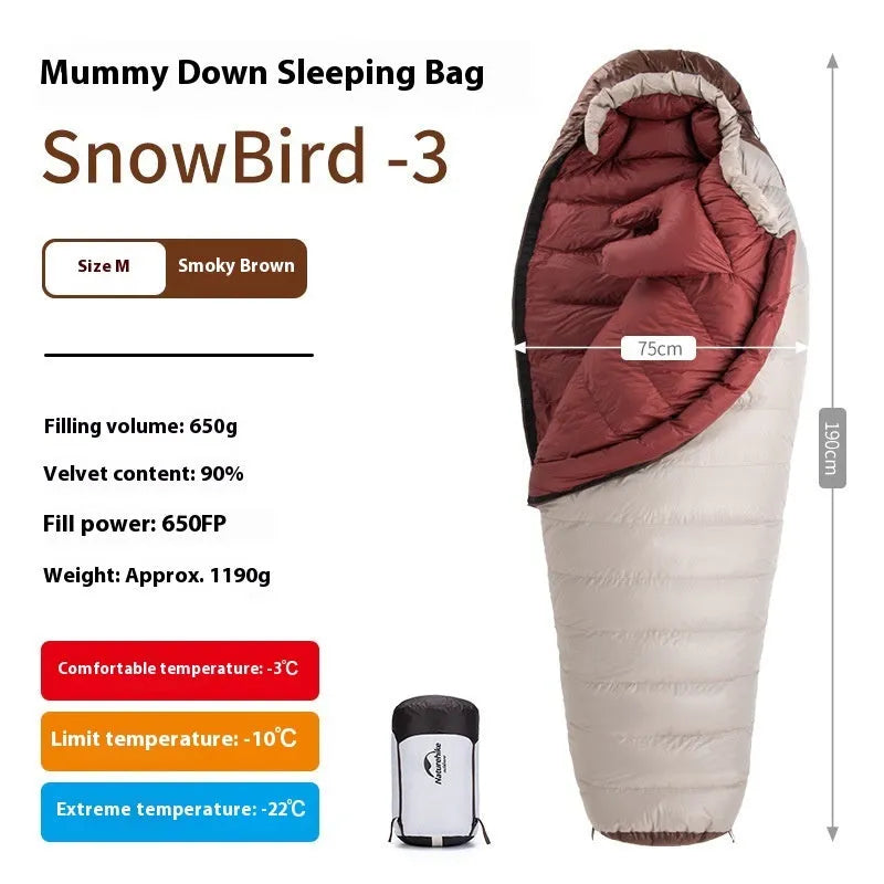 Goose down mummy sleeping bag for adults with storage sack, showing various weight options.