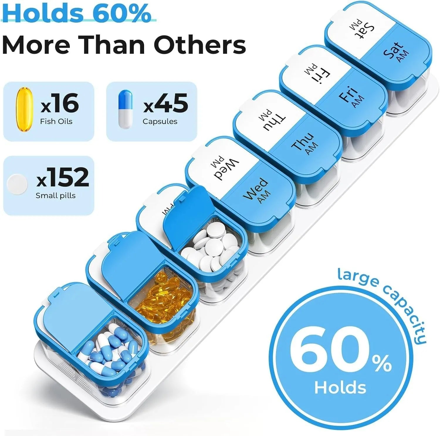 Extra large white and rainbow plastic pill organiser box with 14 removable grid compartments open on a table.