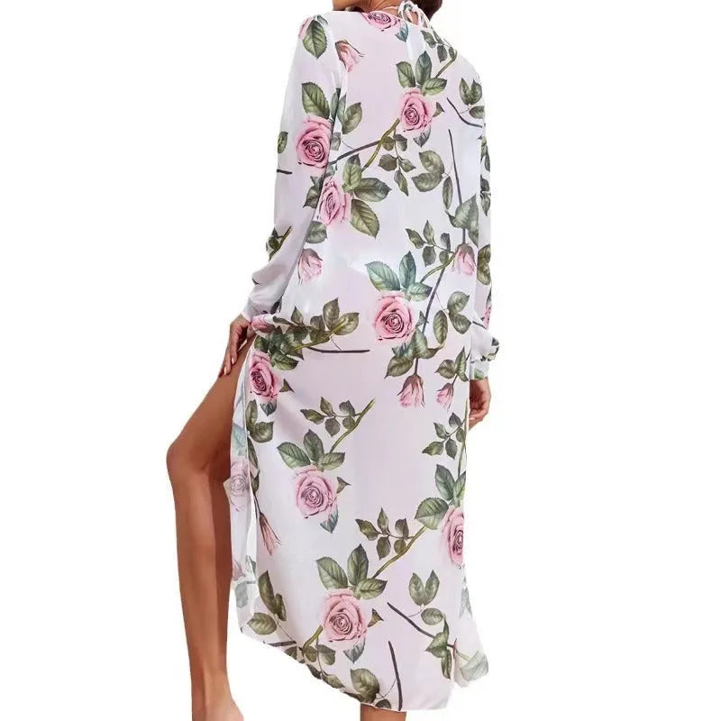 Women's white printed three-piece bikini swimsuit set with beach blouse on size chart