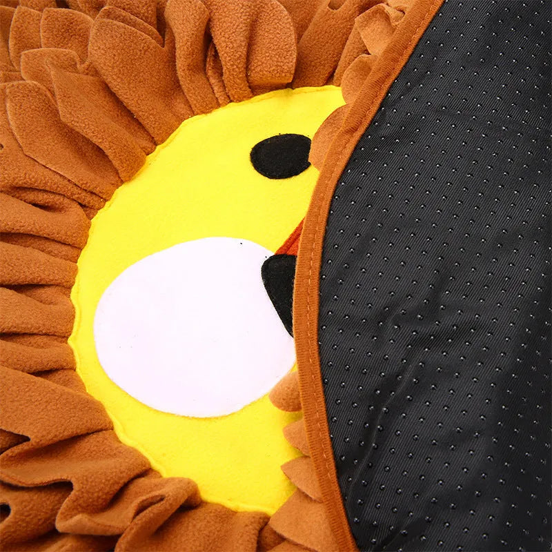 Brown lion-shaped sniffing pad for dogs and cats with textured surface for food hiding