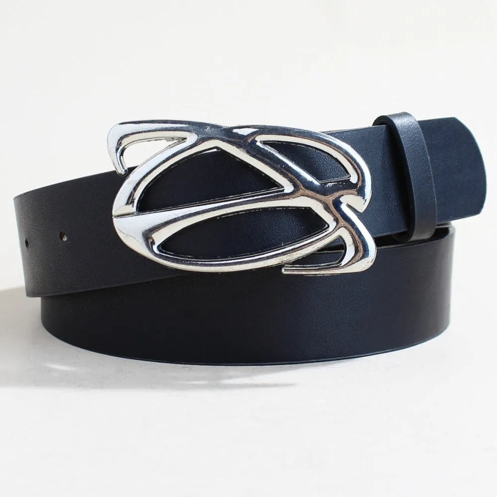 PU leather casual belt with alloy silver buckle and snap button fastening
