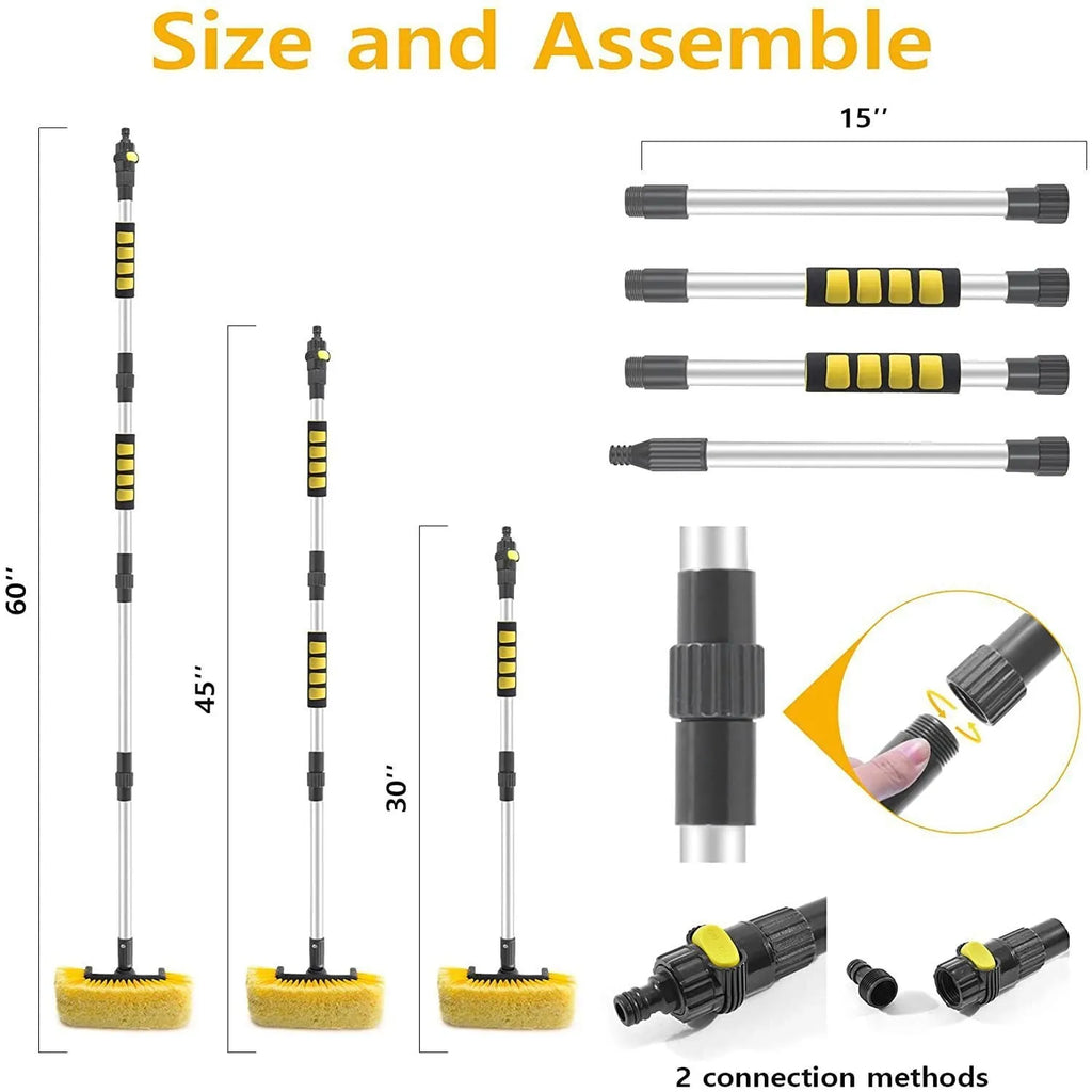 Yellow portable car wash brush with four-section removable rod and flow-through brush head design