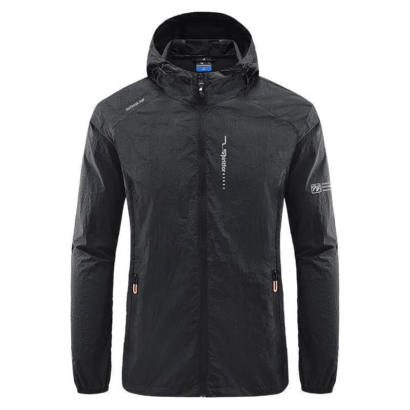 Men's loose-fit light grey nylon hooded jacket for summer outdoor wear.