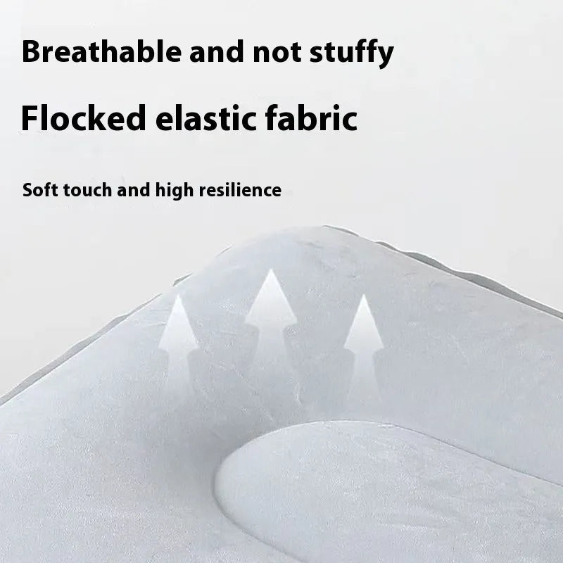 Grey inflatable seat cushion with flocked texture, shown inflated on a chair and deflated for portability.