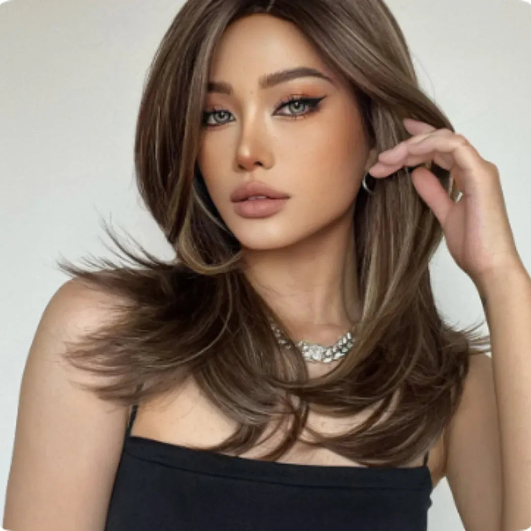 Mid-length platinum gradient colour curly wig with long bangs in star fashion style