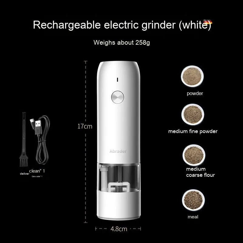 Black and silver electric salt and pepper grinders with clear acrylic bodies on a kitchen counter.