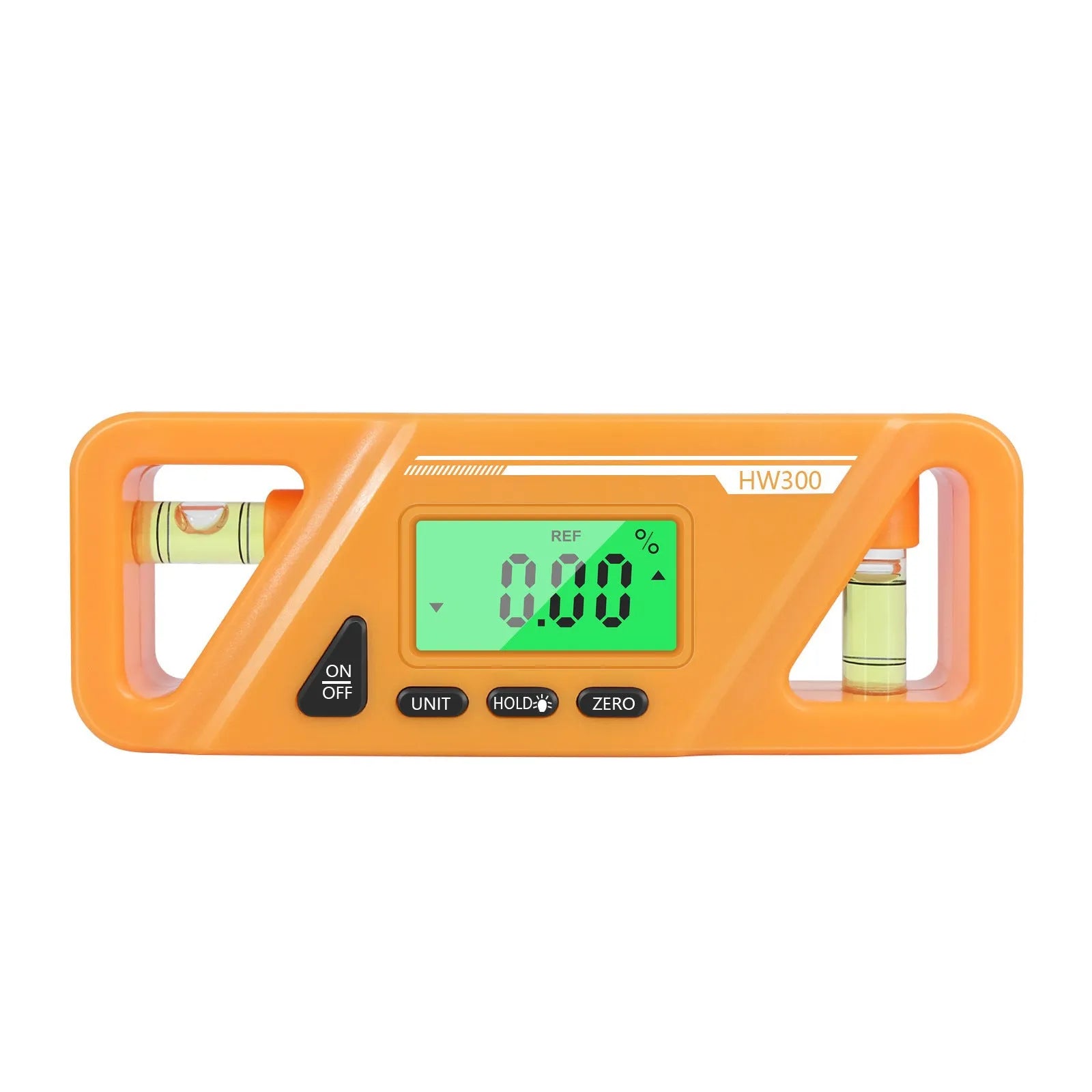 HW300 digital inclinometer with magnetic base and LCD display showing an angle reading.