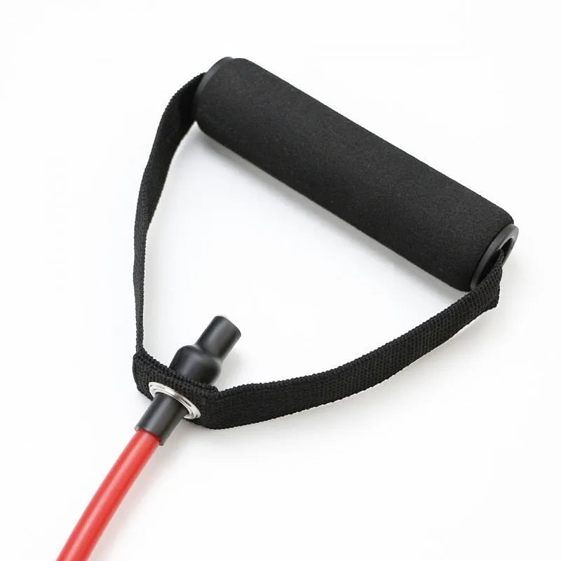 Colourful TPE chest expander tension rope shown in yellow, green, red, blue, and black resistance levels.