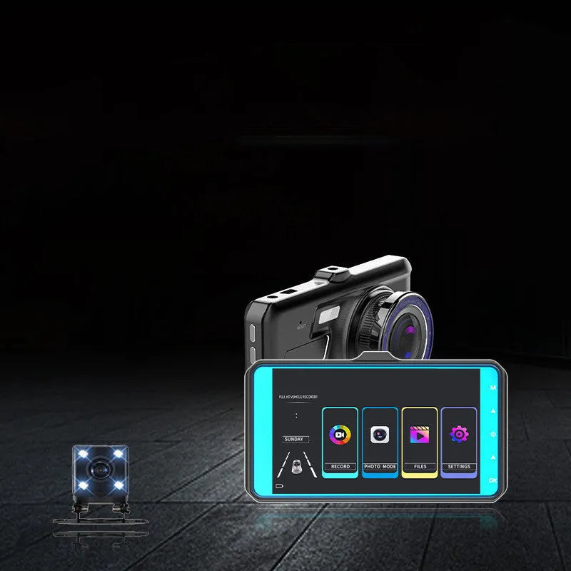 Black touch screen car recorder with front and rear cameras showing 4 inch display