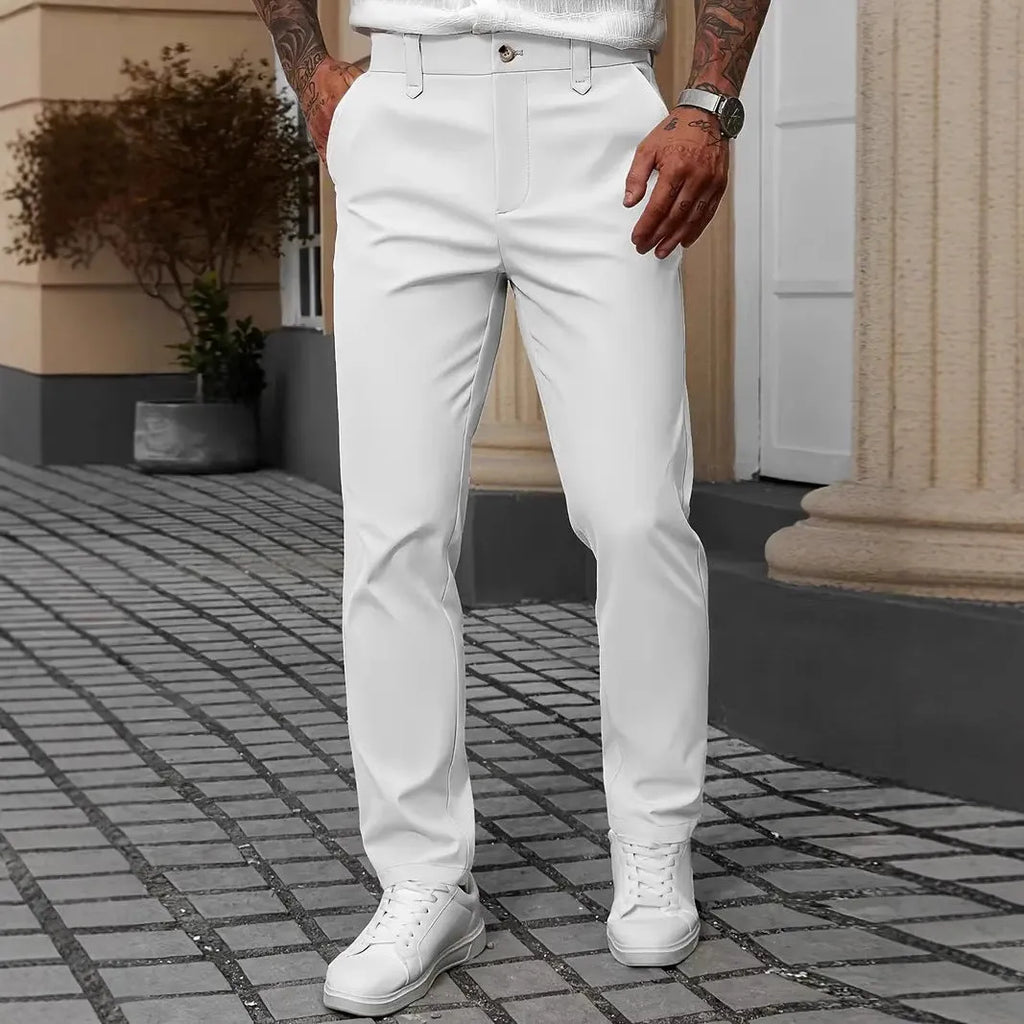 Men's straight leg business casual trousers in solid colours on a hanger.