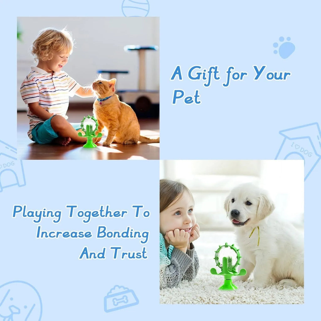 Interactive pet puzzle feeder toy with rotating spinner in blue, green, red or yellow colours