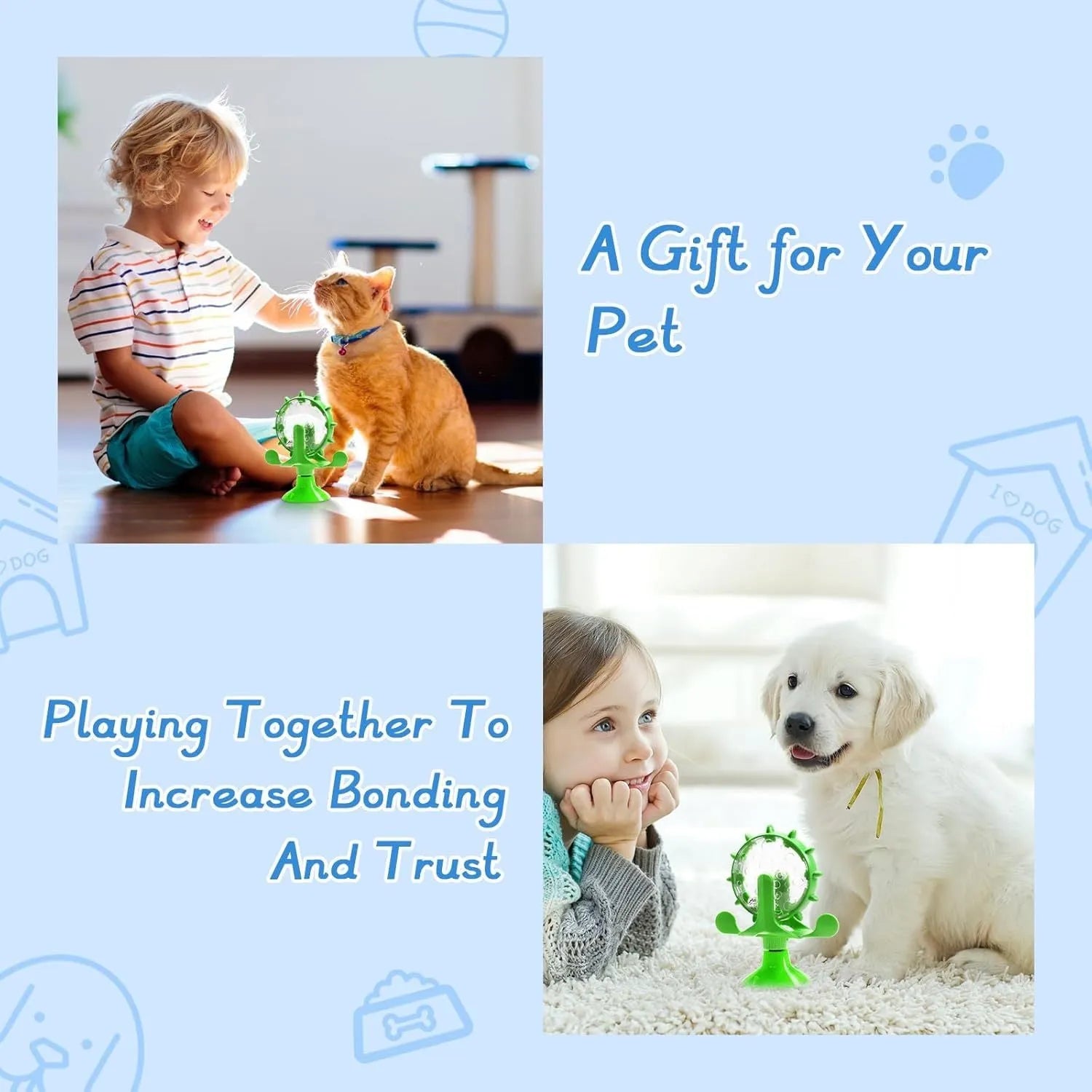 Interactive pet puzzle feeder toy with rotating spinner in blue, green, red or yellow colours