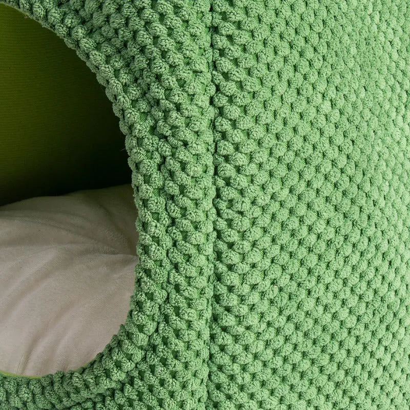 Dark green enclosed cave cat bed for kittens and small dogs, showing cosy nest design.