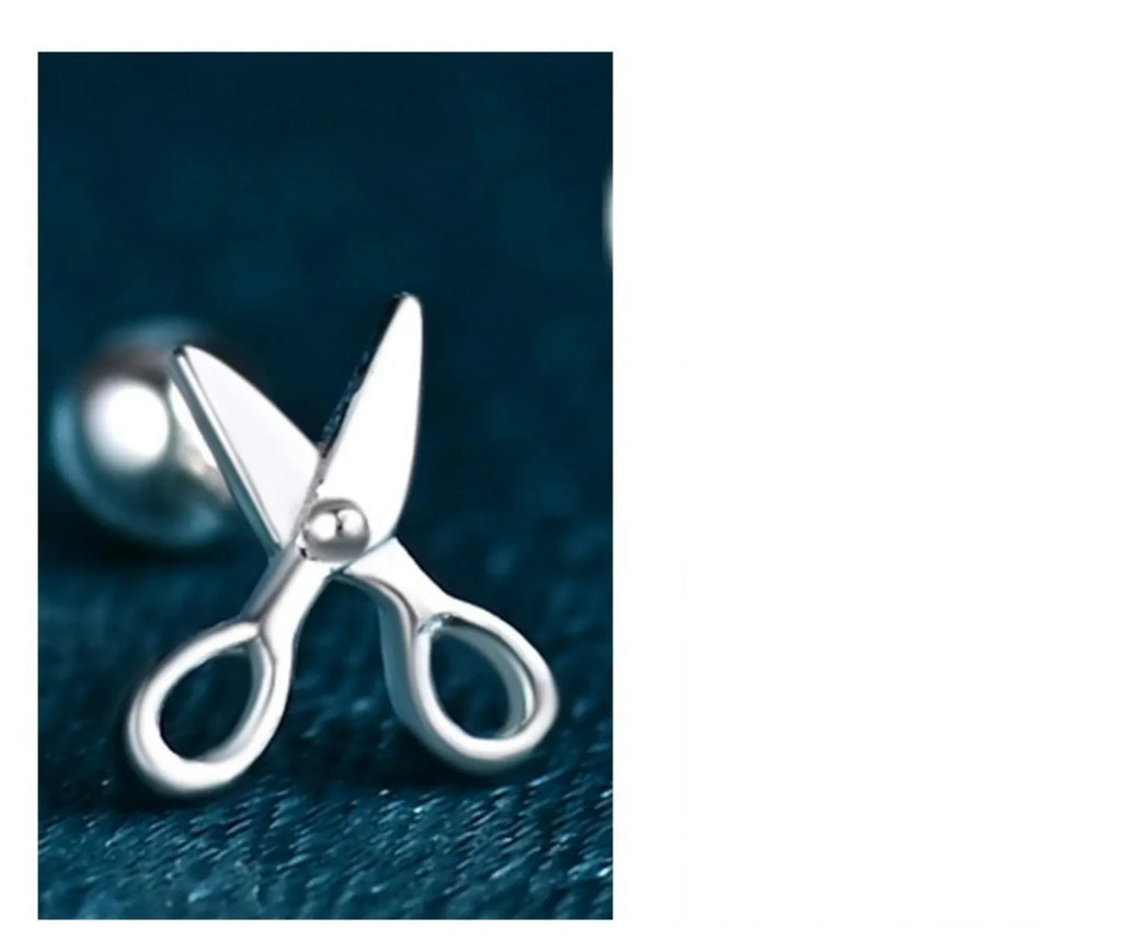 Pure silver screw style ear nail earrings with miniature scissors decorative detail