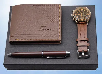 Business gift set with wallet, pen and watch in modern simplicity design presented in gift box