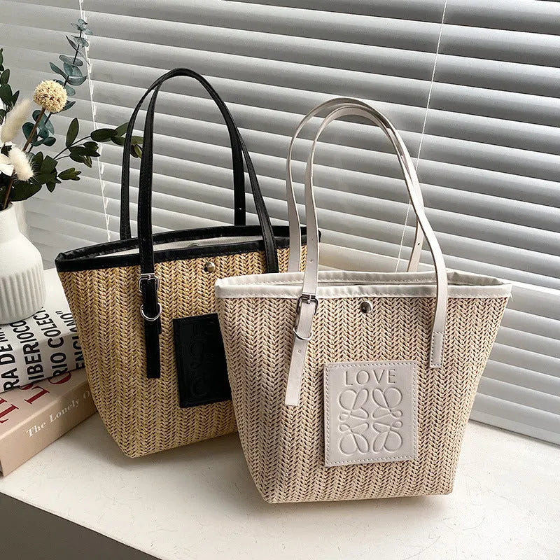 Women's straw woven shoulder bag in European retro style with large capacity and soft straw PU material