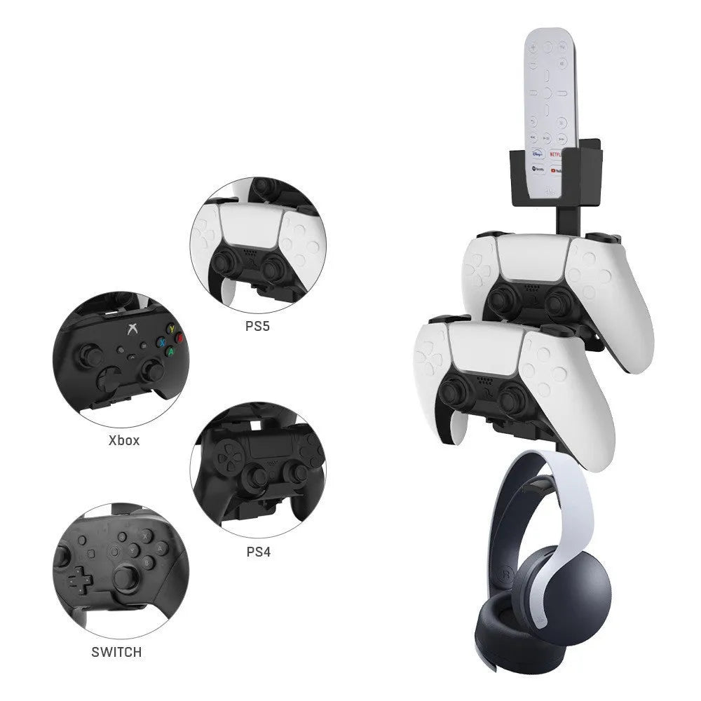 White ABS plastic wall hook holding PlayStation controller with adhesive backing