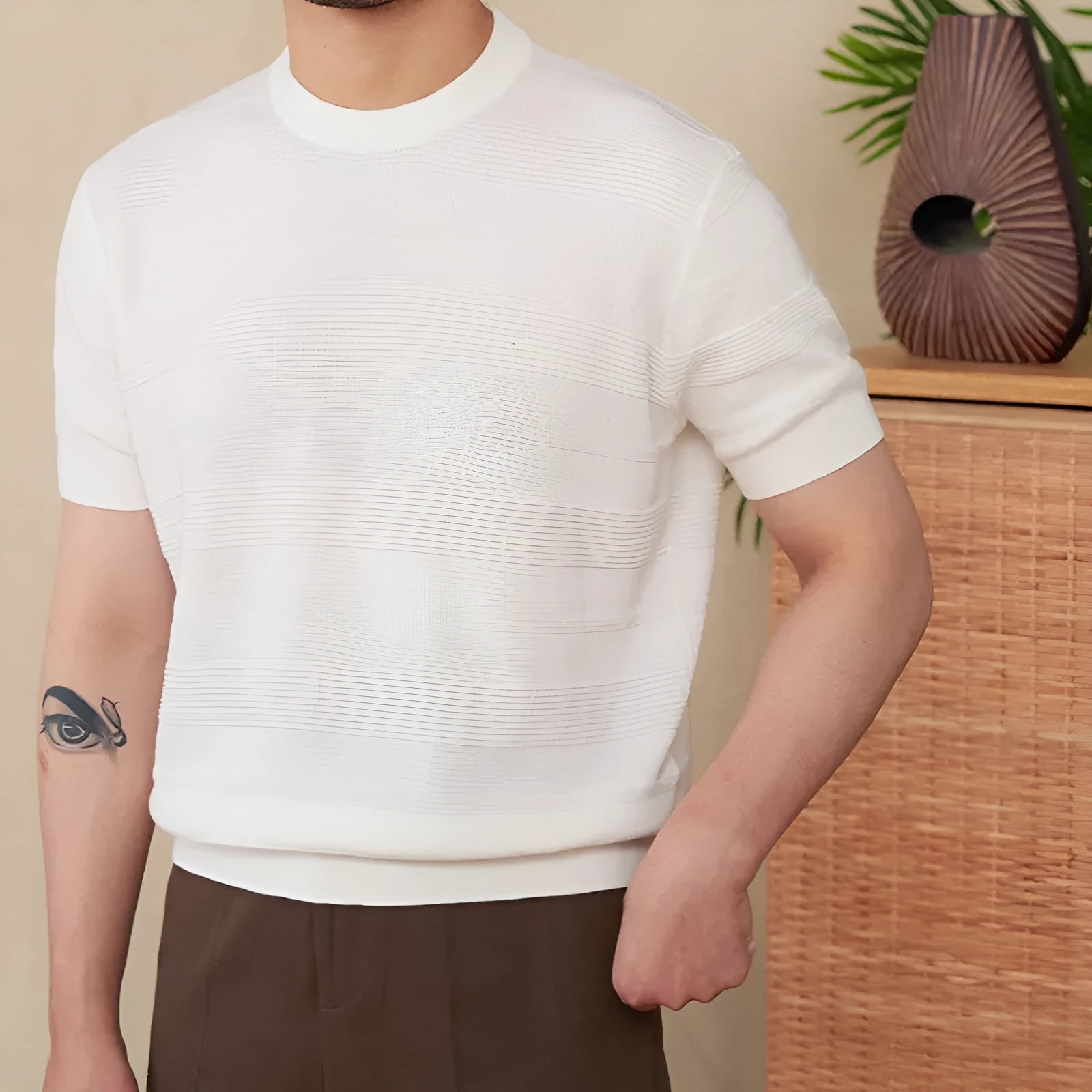 Men's beige retro-style pure cotton short-sleeve t-shirt on a hanger, showing round neck and standard sleeve design.