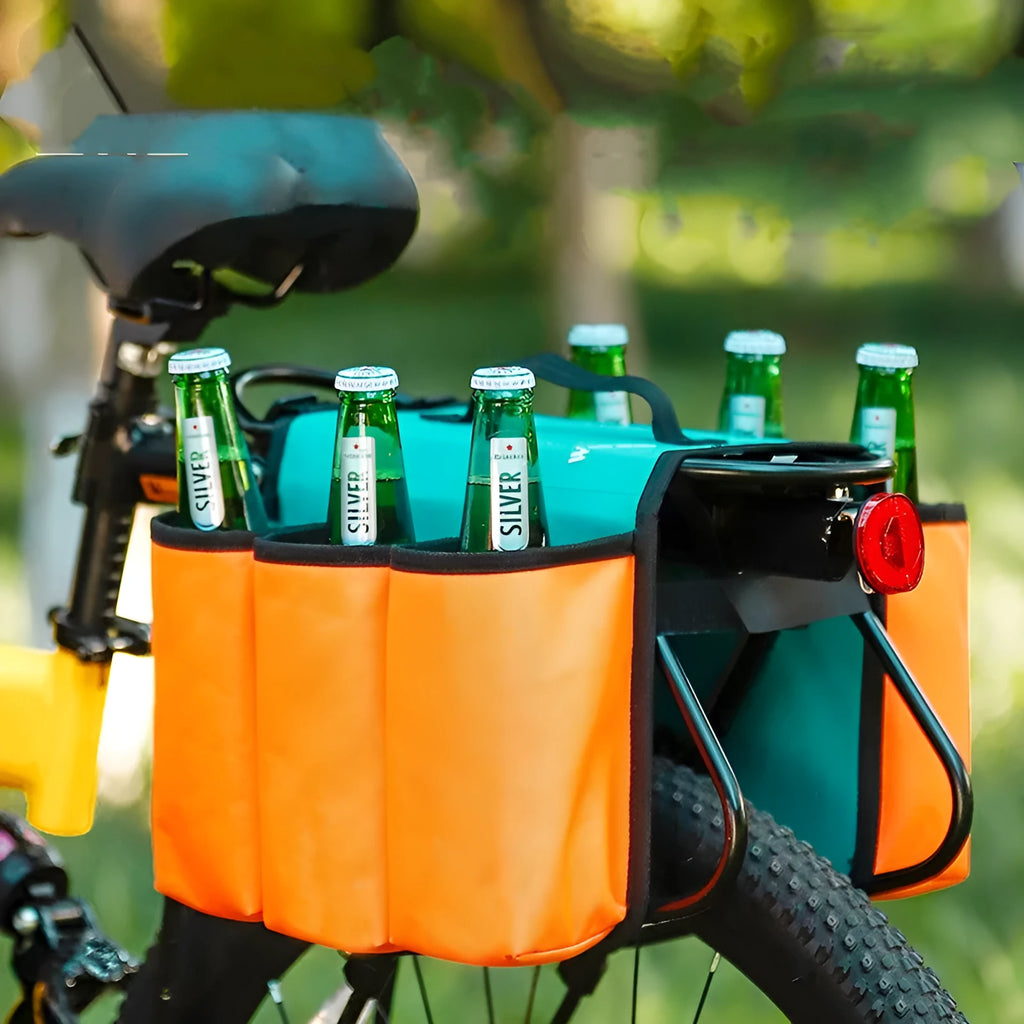 Black and orange bicycle double-sided beverage shelf bag with 2L capacity mounted on bike frame
