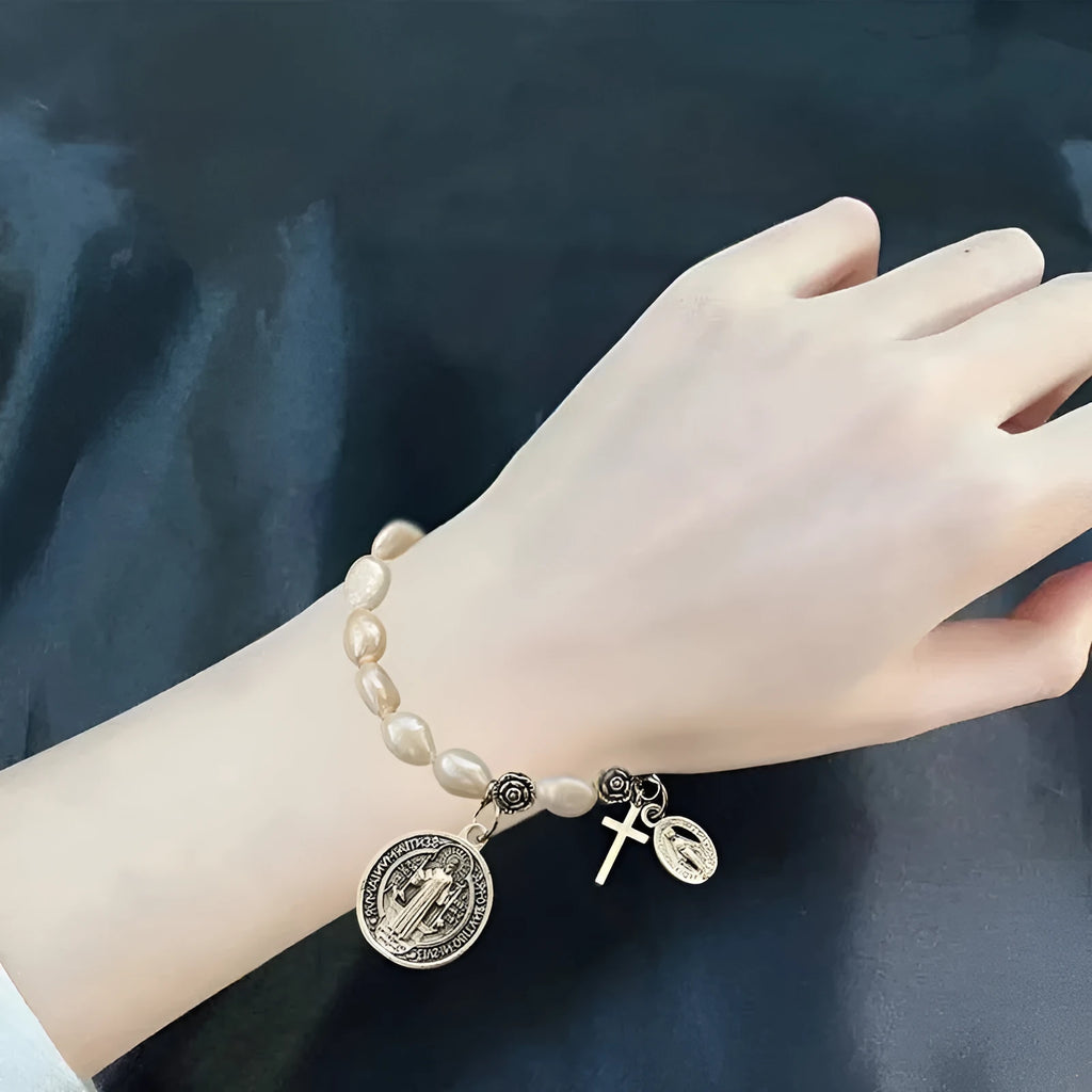 Silver electroplated metal beaded flower bracelet for women, retro style.