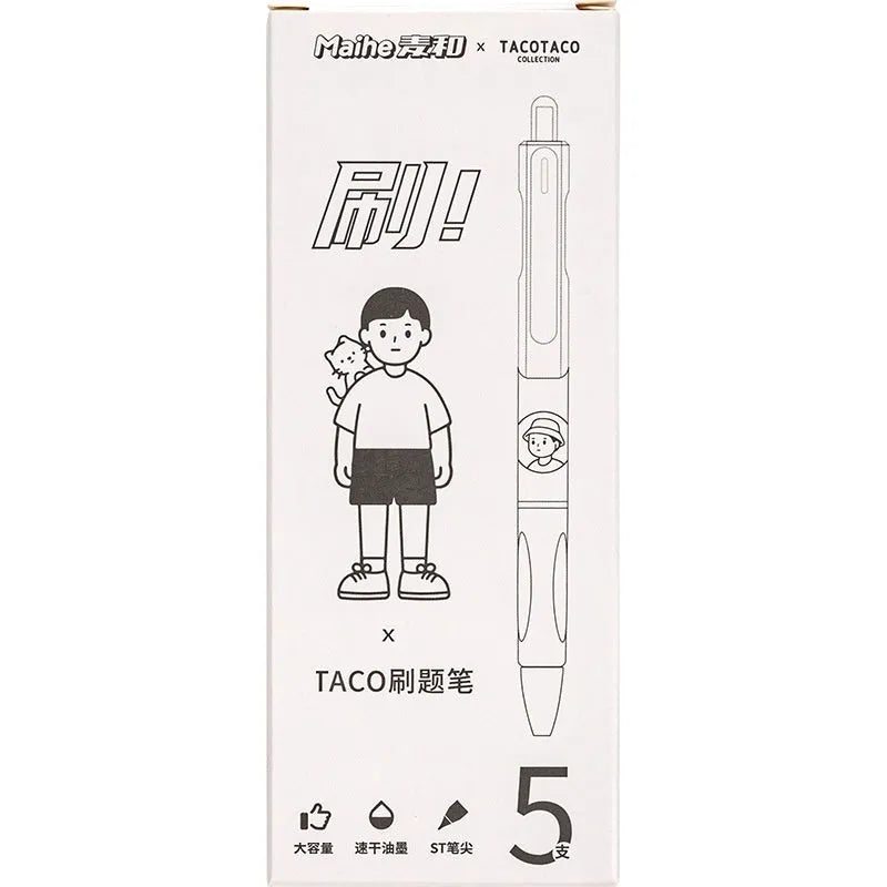Five black Taco ballpoint pens with 0.5mm tips arranged together
