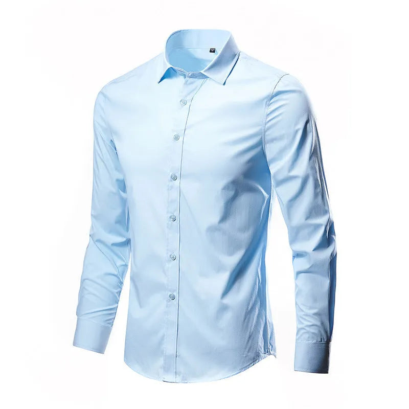 Man wearing a slim fit long sleeve linen blend shirt in a solid colour, showcasing the casual style.