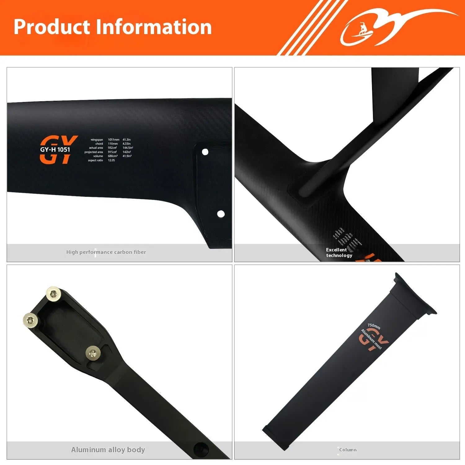 Black carbon fibre hydrofoil surfboard with large front wing for racing applications