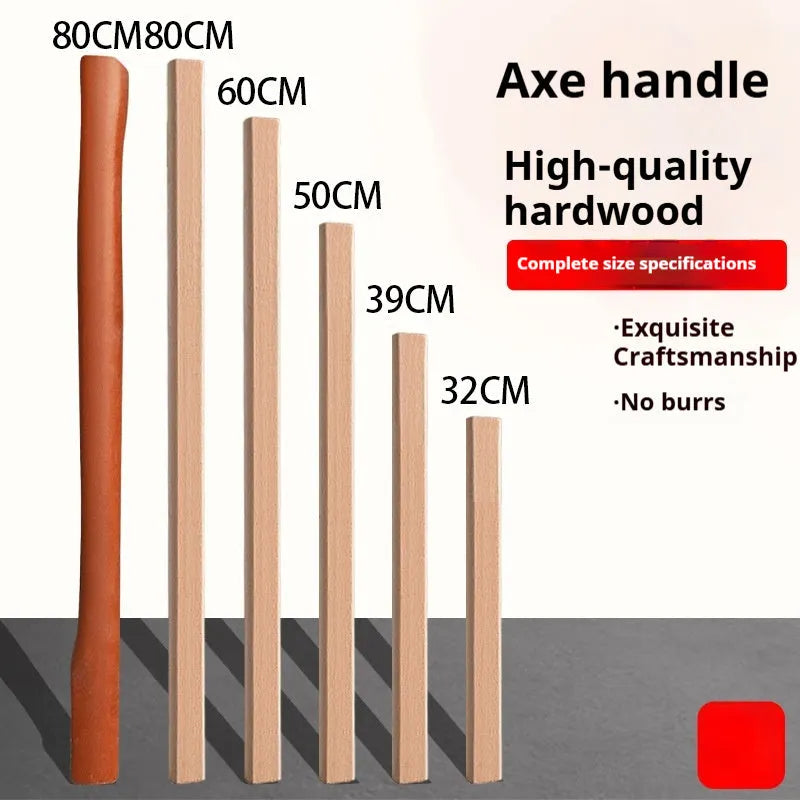 A selection of locust wood replacement handles for axes, hoof hoes, and sickles in various lengths on a workbench.