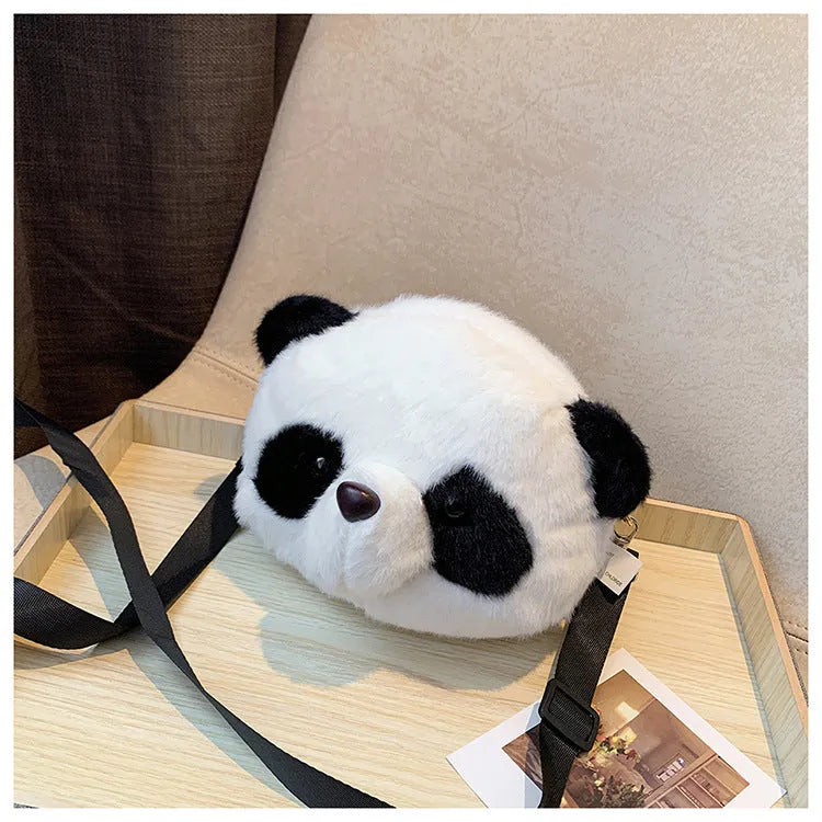 Plush panda head design crossbody bag with cylindrical shape and sandwich pocket