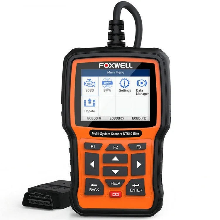Orange and black Foxwell NT510 automotive diagnostic scanner with OBD2 connector and colour screen
