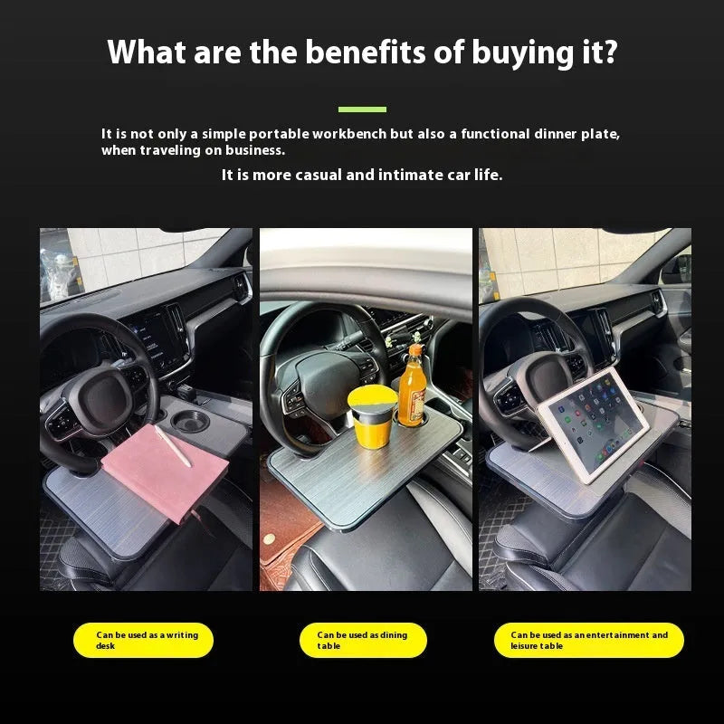 Black foldable car steering wheel tray with laptop and cup holder on ABS plastic stand