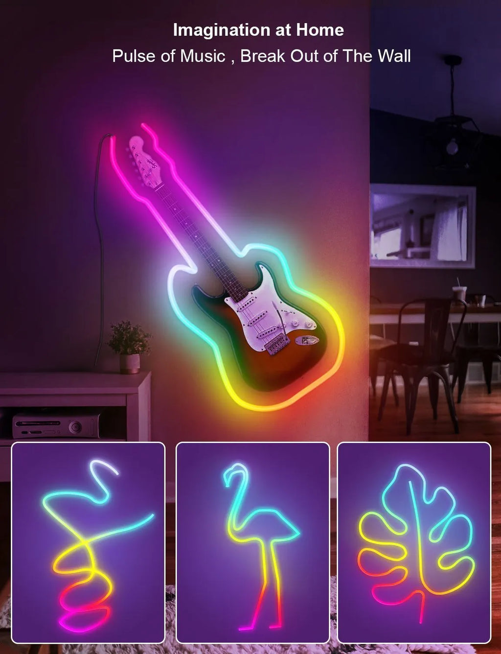 3-metre USB-powered neon LED strip lights with Bluetooth and WiFi control for indoor colour-changing lighting
