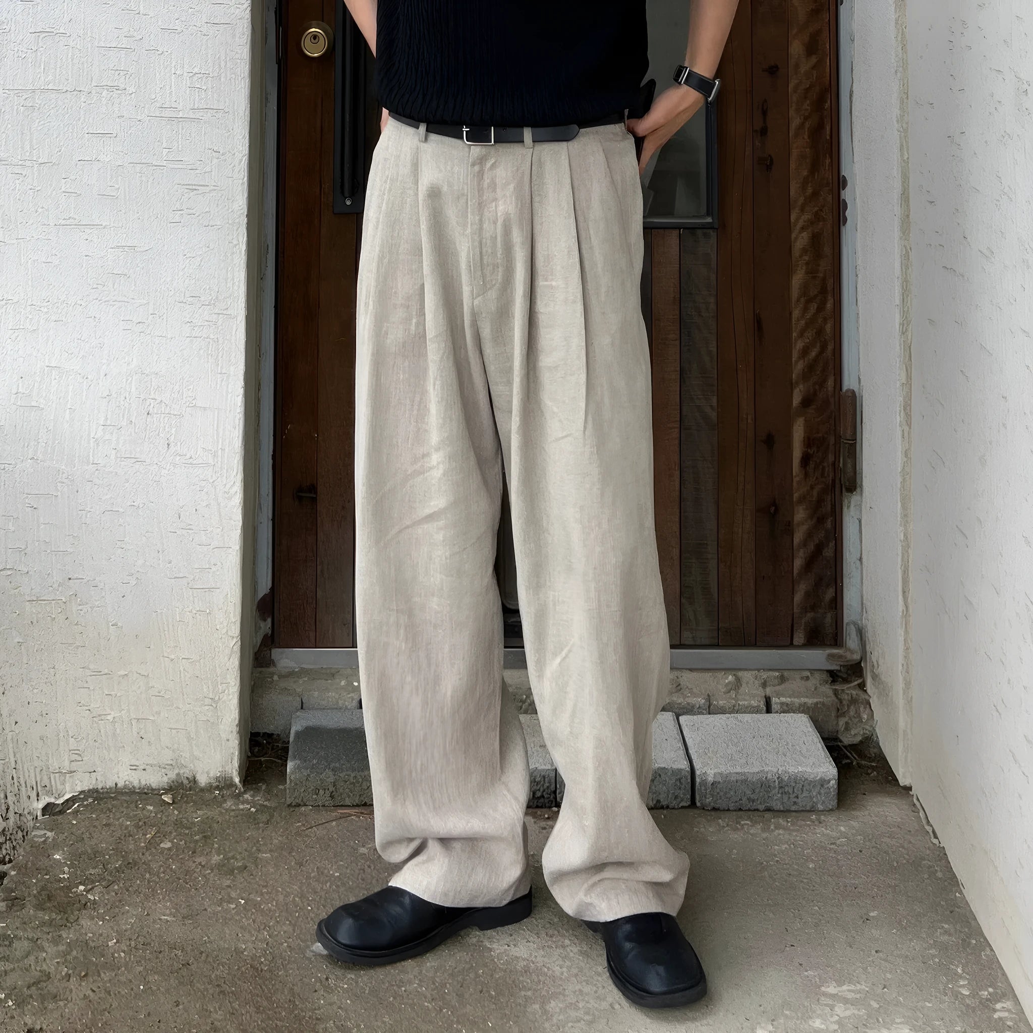 Army Green men's Japanese style leisure trousers with drawstring waist