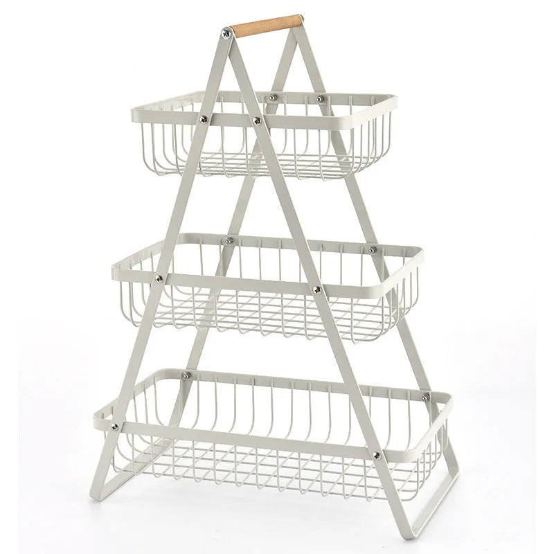 Black iron fruit basket with wooden handle showing detachable double-layer structure