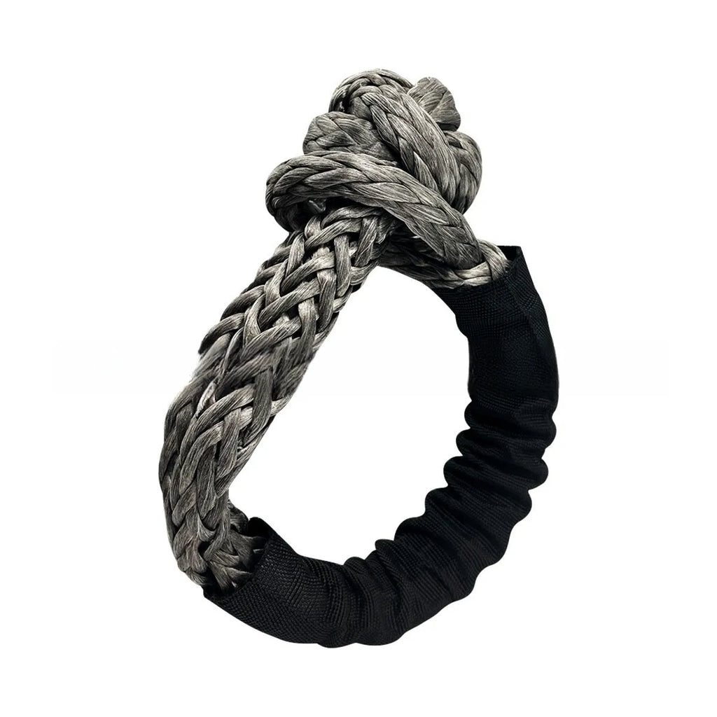 Colourful polymer soft shackle trailer rope for off-road vehicle recovery with 17-tonne load rating.