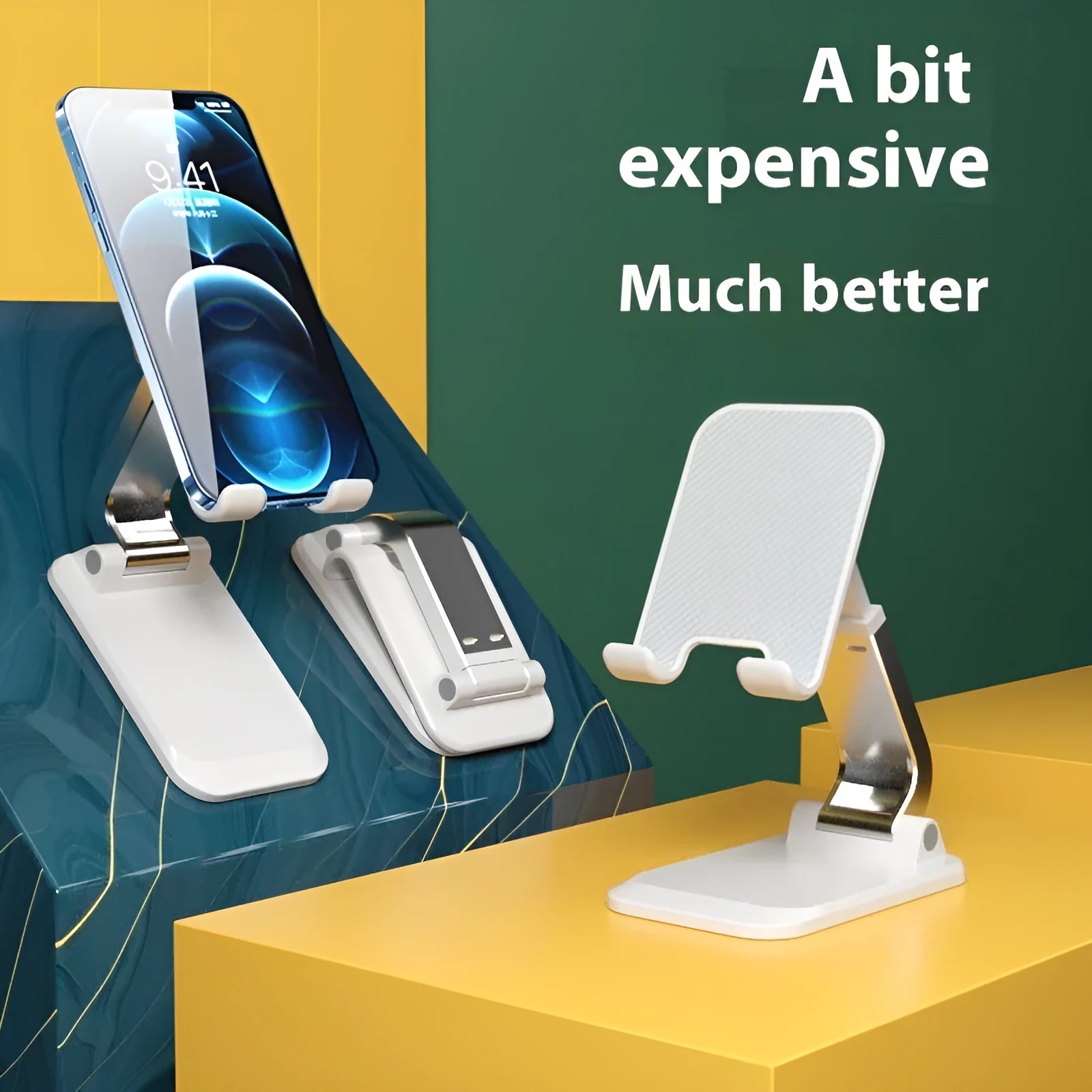 Universal folding portable desktop phone stand in weighted pearl white colour on a wooden table.