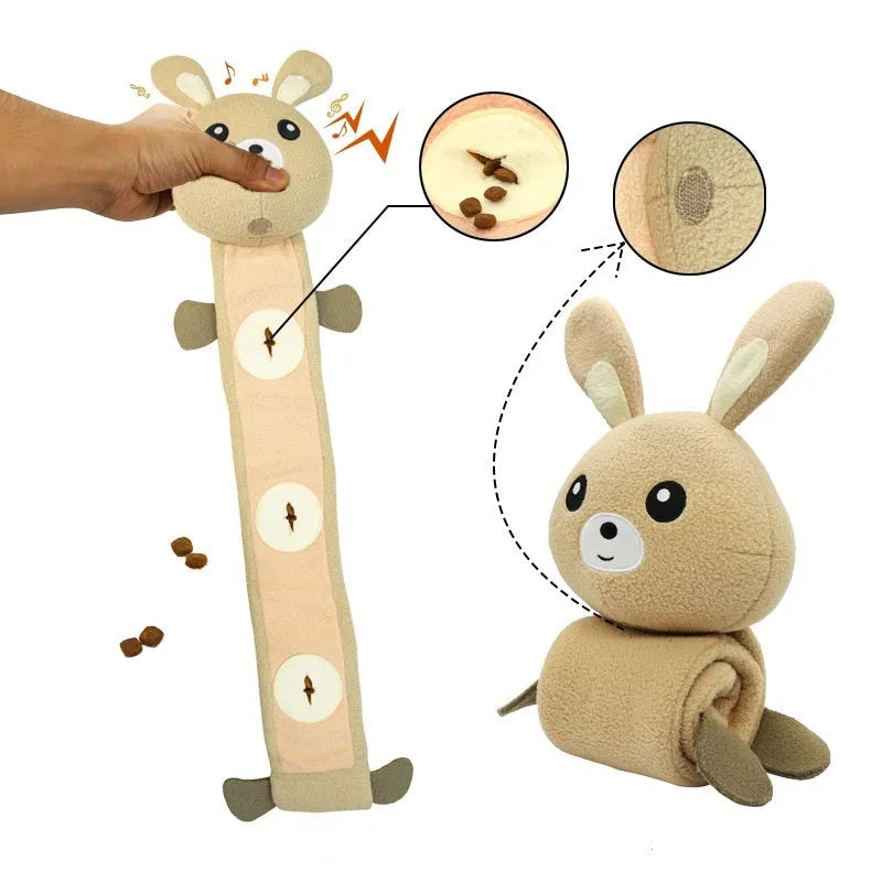 Plush fleece rabbit dog training toy with food hiding compartments measuring 650mm