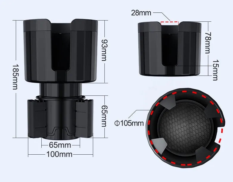 Matte black car cup holder expander with adjustable base for extra large bottles