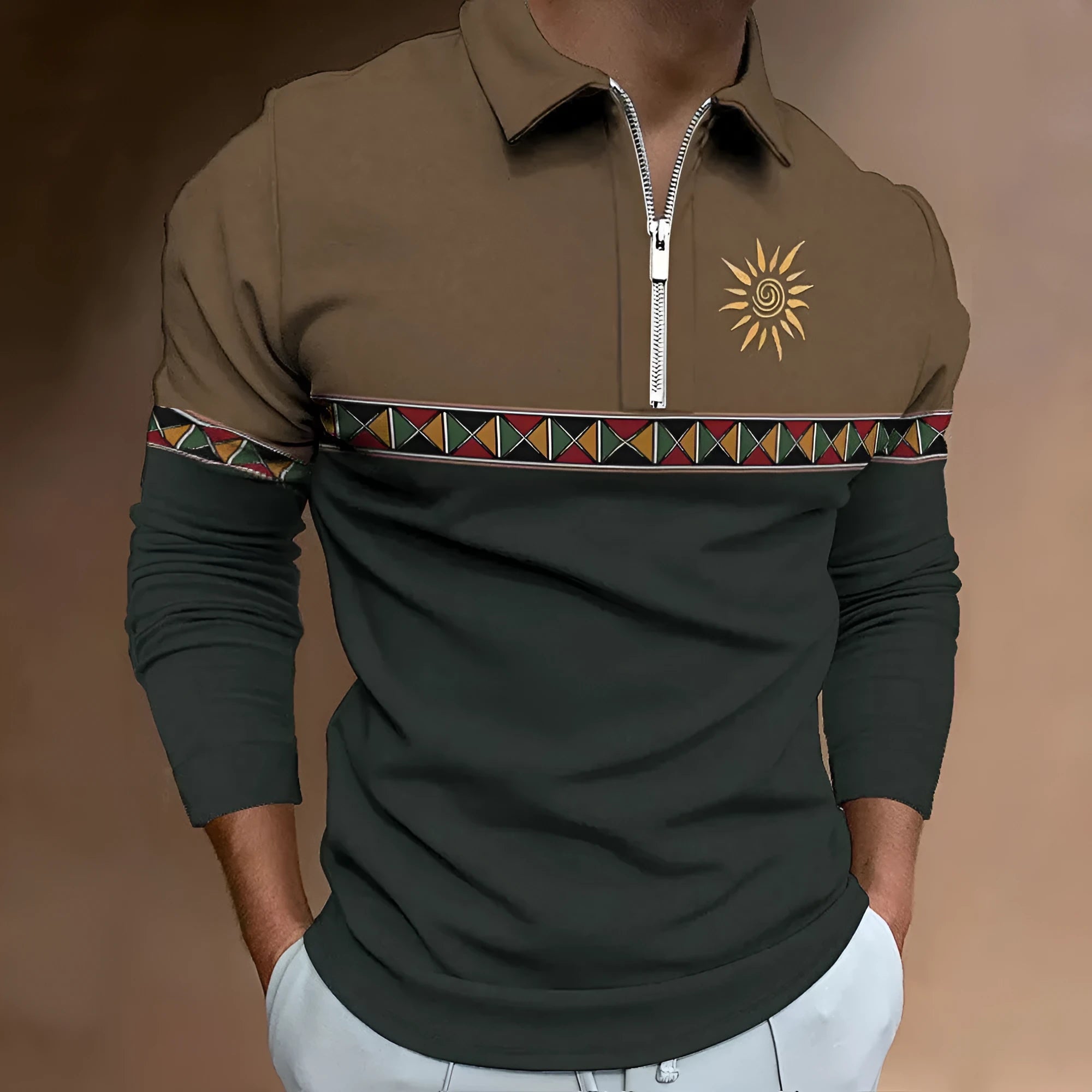 Men's retro colour print casual golf top with zipper decorations and striped pattern on loose-fit long sleeve