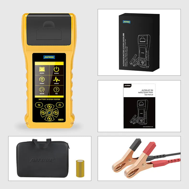 Autool BT760 digital vehicle battery tester with colour screen and battery clips.