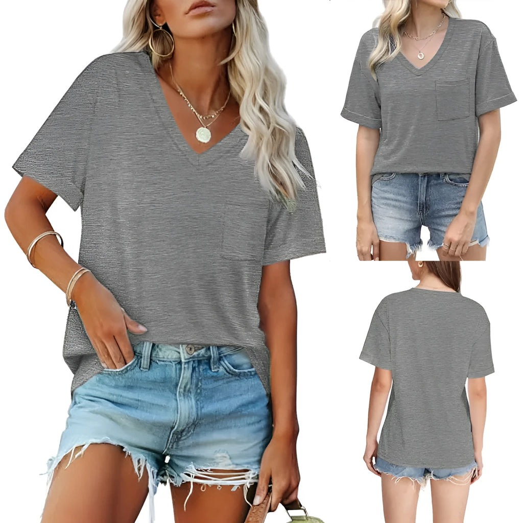 Grey loose casual V-neck T-shirt with chest pocket, short sleeves