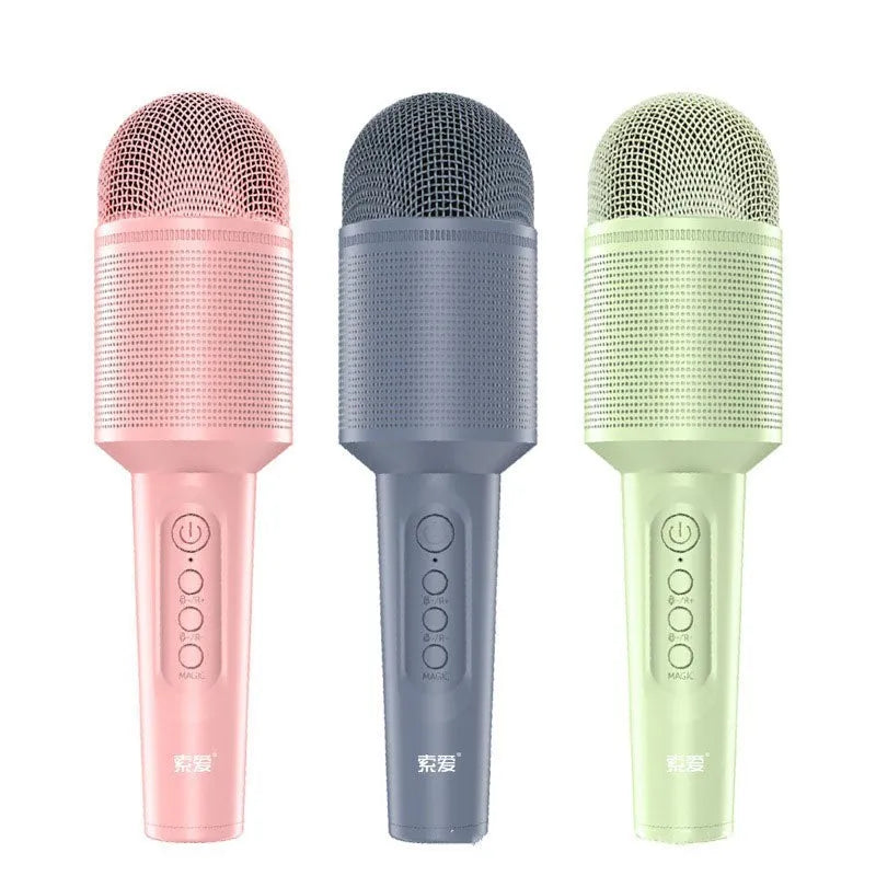 Wireless Bluetooth karaoke microphone in pink, blue, or mint green with built-in speaker.