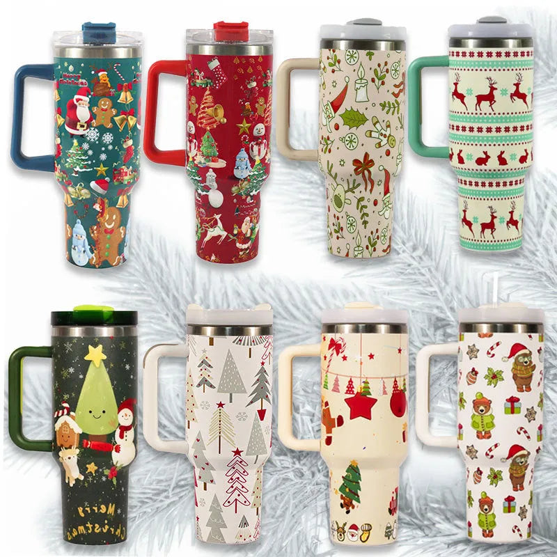Stainless steel Christmas pattern travel tumbler with handle and straw lid, 1200ml capacity
