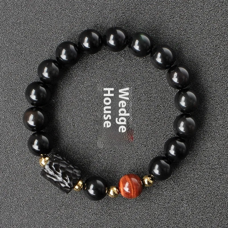 Obsidian bracelet with tiger eye beads in manual craftsmanship 10mm retro circle design